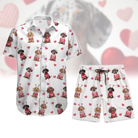 Discover Dachshund Dog Button Shirt Shorts, Doxie Heart Hawaii Short, Cute Dachshund Button Shirt, Dog Lover Shirt and Shorts, Dog Mom Shirt
