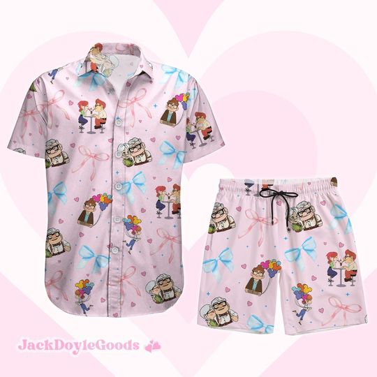 Carl And Ellie Button Shirt Shorts, Disney Honeymoon Button Shirt, Disney Pixar Button Shirt, Disney Couple Shorts, Up Movie Shirt
