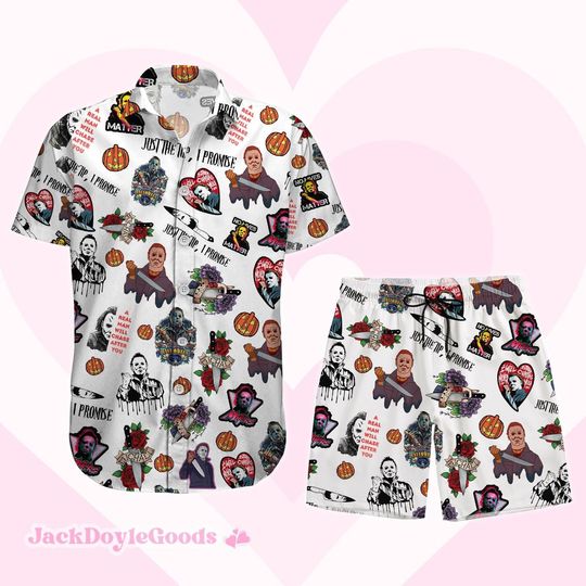 Michael Myers Heart Button Shirt Shorts, Horror Characters Button Shirt, Funny Killer Valentine Button Shirt Shorts, Hawaii Short