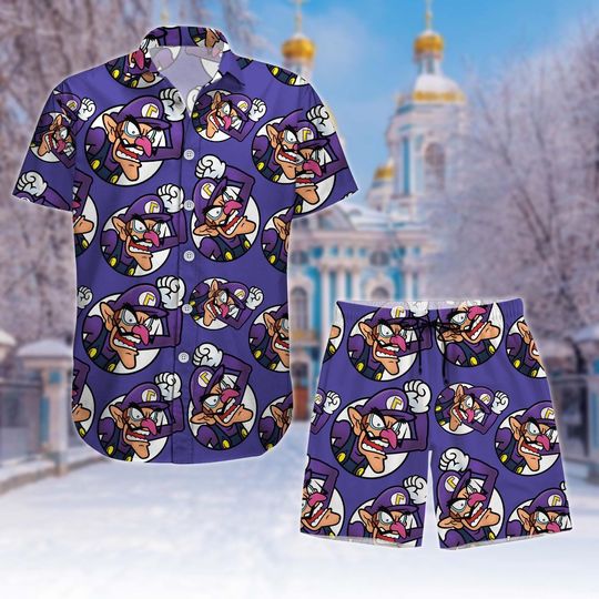 Waluigi Hawaii and Short, Super Mario Character Button Shirt, Waluigi Lover Gift For Men Women, Video Game Character Cosplay Short