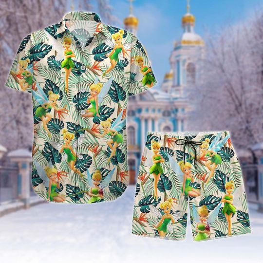 Discover Tinkerbell Hawaii Shirt And Short, Disney Princess Tropical Shirt, Watercolor Disney Button Shirt, Tinkerbell Summer Short For Women