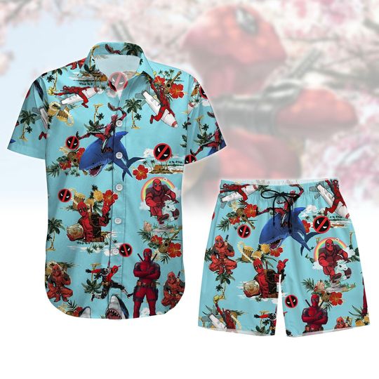 Deadpool Tropical Button Shirt, Superhero Deadpool Summer Short, Marvel Shark Beach Vacation, Deadpool Shark Gifts