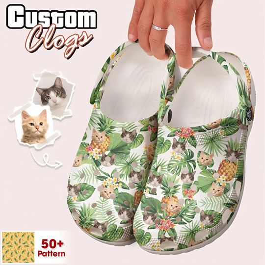 Personalized Photo Hawaiian Clogs, Hot Clogs, Custom Dog Cat Face Holiday Tropical Pattern Clogs Shoe