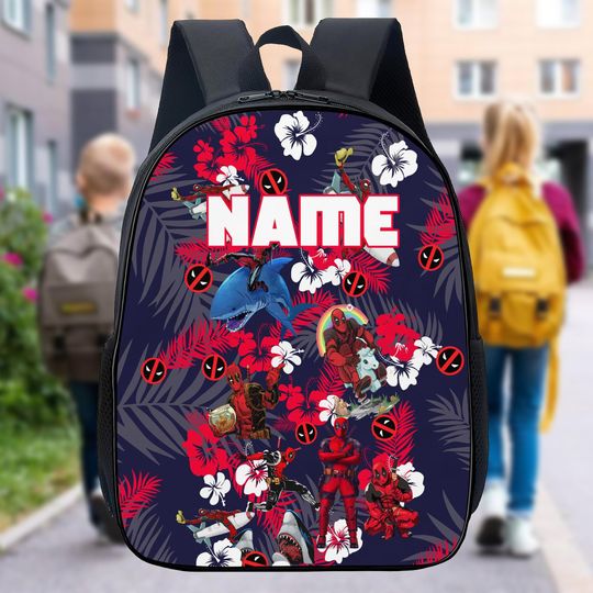 Personalize Backpack Red Floral Hero Character Backpack, Superhero Backpack, Tropical Hero Backpack, Back To School