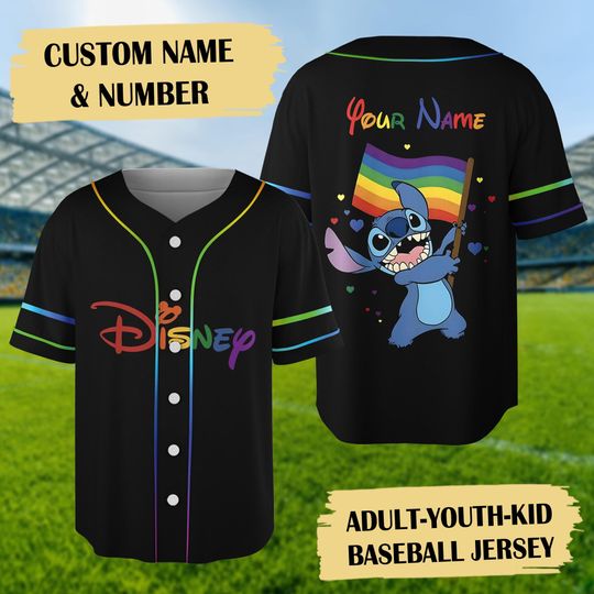 Discover Custom Stitch Rainbow Pride Baseball Jersey, LGBT Team Baseball Jersey, Stitch Rainbow Flag Jersey Shirt, Cartoon Happy Pride Month Gift