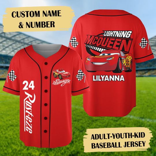 Discover Personalized 95 Racing Car Baseball Jersey, Red Racing Car And Friend Jersey, Custom Number Shirt, Cars Cartoon Gift, Animation Jersey Shirt