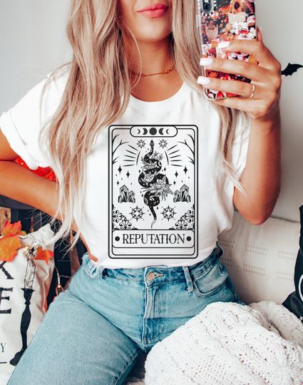 Discover REPUTATION Tarot Card T-shirt, Mystical Serpent Shirt, Floral Snake Gift, Celestial Cosmic Shirt, Boho Witch Shirt, Trendy Graphic Tees