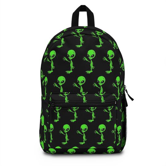 Friendly Green Waving Alien UFO Outer Space Pattern Backpack Bookbag, Back to School