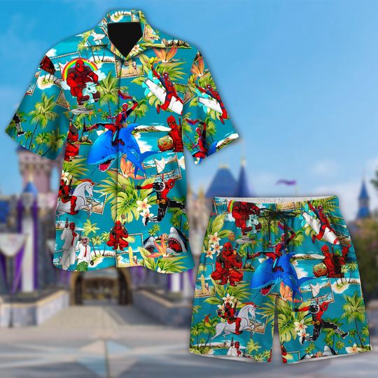 Marvel Deadpool Hawaiian Shirt, Superhero Shark Surfing Button Up, Funny Deadpool Aloha Shirt, Summer Vacation Tee, Deadpool Beach Outf