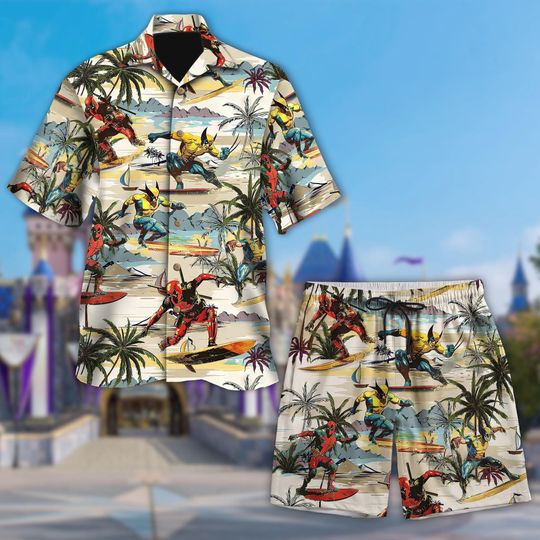 Deadpool and Wolverine Hawaiian Shirt, Marvel Superhero Aloha Tee, Funny Summer Beach Outfit, Comic Hero Button Up, Vacation Party Shir