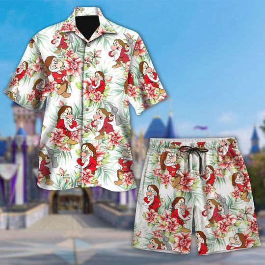 Snow White and the Seven Dwarfs Hawaiian Shirt, Grumpy Aloha Beach Tee, Disney Cartoon Summer Outfit, Tropical Vacation Button Up