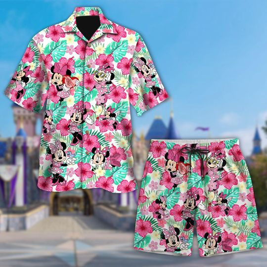 Minnie Mouse Hawaiian Shirt, Floral Pink Aloha Tee, Disney Vacation Outfit, Cute Summer Button Up, Minnie Mouse Tropical Shirt
