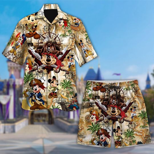 Discover Disney Mickey Mouse Pirates of the Caribbean Hawaiian Shirt, Pirate Mickey Adventure Map Button Up, Treasure Hunt Summer Vacation Tee