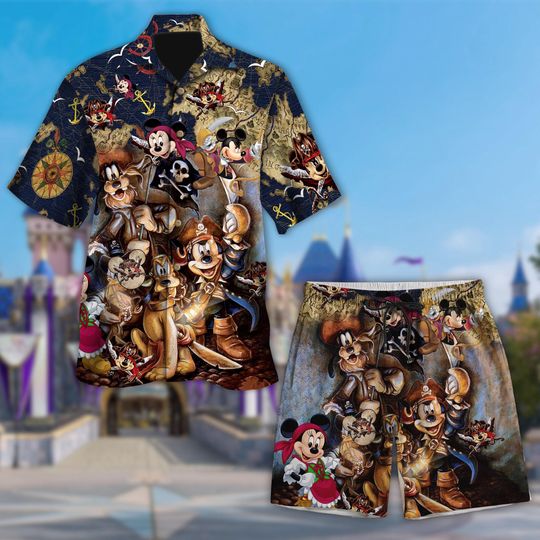 Discover Disney Pirates of the Caribbean Hawaiian Shirt, Mickey Mouse Pirate Crew Button Up, Minnie Pluto Goofy Treasure Map Tee, Adventure Vaca