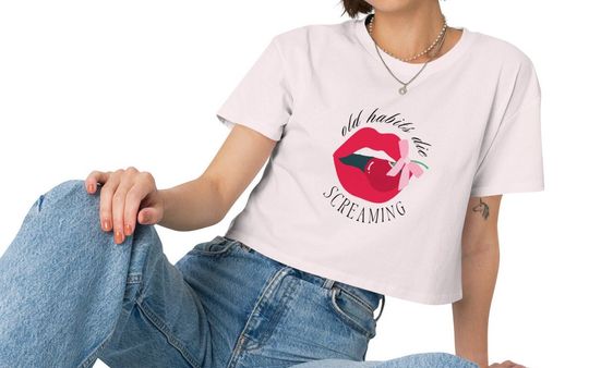 Discover Old Habits Die Screaming Womens crop top, Subtle Taylor T-Shirt, Lips With Cherry Crop Top, Gift for taylor version The Black Dog, 4 Colors