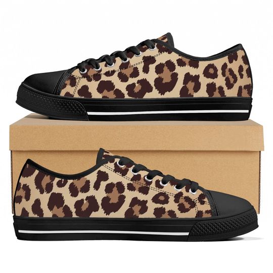 Leopard Women Shoes, Animal Print Cheetah Black White Sneakers Canvas White Low Top Lace Up Custom Female Girls Ladies Aesthetic Flat Shoes