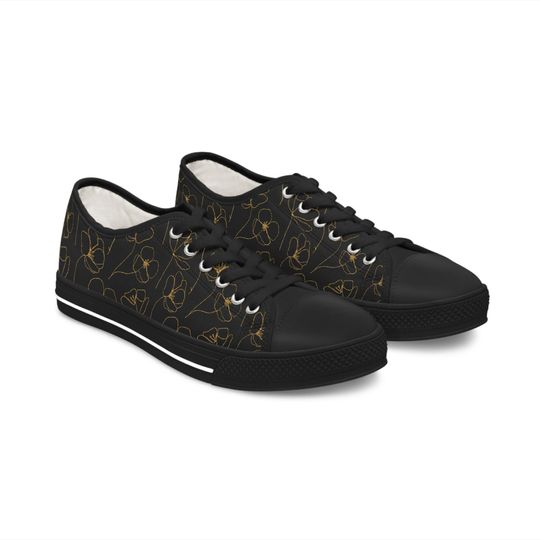 Black with Gold Floral Design Women's Low Top Sneakers