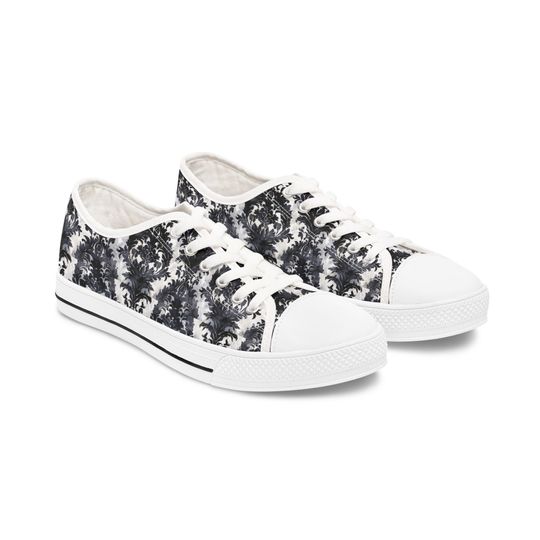 Damask Low Top Sneakers, Black and White Shoes for Women, Stylish Sneaker, Trendy Lace-Up Footwear, Fashionable Casual Sneakers, Unique