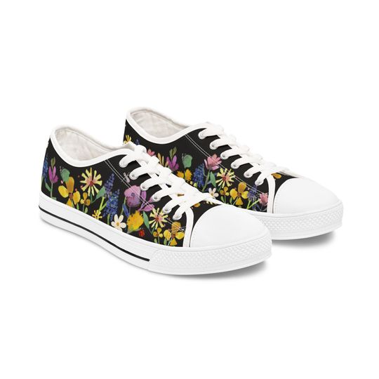 Black Floral Low-Top Sneakers, Floral Low-Tops, Lace- Up Sneakers, Tie Sneakers