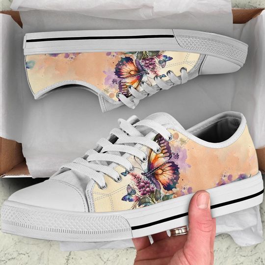Watercolor butterfly Floral Low Top Shoes, Mothers Day Gifts for Her Custom Shoes Women Summer Sneakers