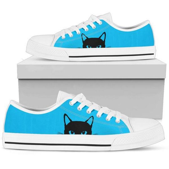 Cat Art Women's Low Top Shoe Black Cat in Sky blue Sneakers.
