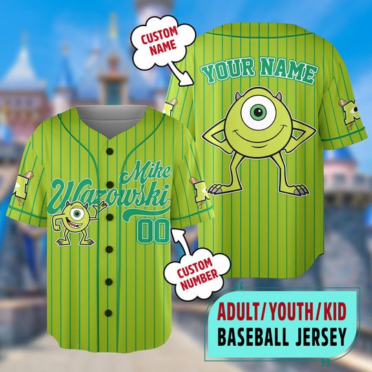 Custom Disney Mike Wazowski Green Simple Baseball Jersey, Personalized Monsters Inc Baseball Team Jersey, Birthday Gift for Monster Inc Fans