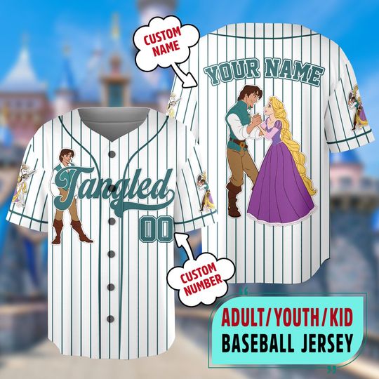 Custom Disney Tangled Flynn Rider Baseball Jersey, Custom Name Disney Kid Adult Youth Baseball Jersey Outfit, Disney Princess Rapunzel Shirt