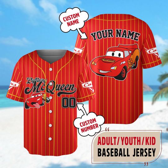 Discover Custom Disney Cars Lightning McQueen Baseball Jersey, Custom Cars Baseball Jersey Team, Personalized Disney Cars Outfit, Cars Land Tee