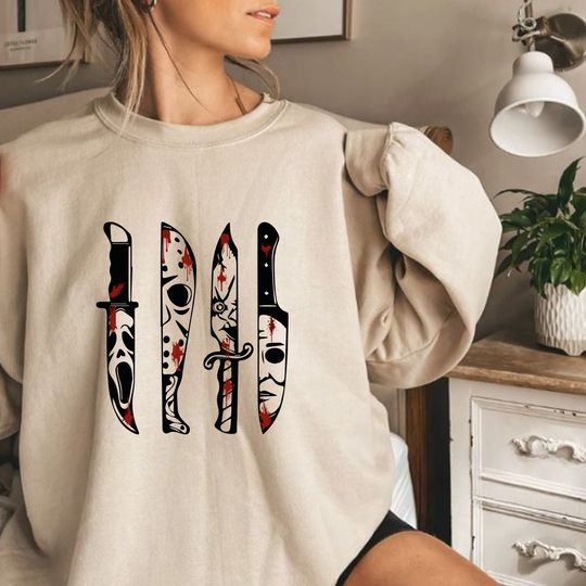 Discover Horror Friends Movie Characters Sweatshirt, Horror Movie Characters In Knives Sweatshirt, Halloween Shirt, Horror Movie Sweatshirt