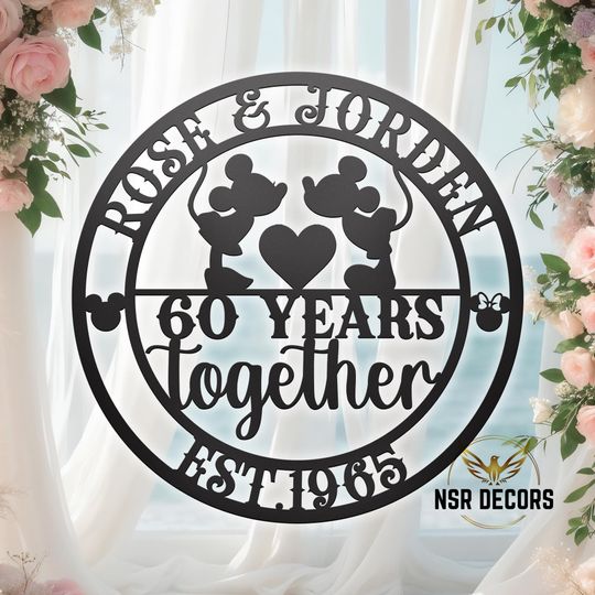 Personalized 60th Anniversary Mickey and Minnie Sign, 60 Year Anniversary Gift, Wedding Gift For Couple, Wedding Anniversary Metal Wall Art