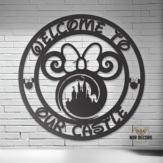 Disney Minnie Head Castle Dcor - Family Room Welcome Sign - Welcome To Our Castle Metal Sign - Disney Entrance Decor - Modern Wall Art Sign