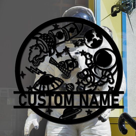Personalized Space Astronaut Rocket Star Spaceship Metal Wall Art Name Sign, Bedroom Decor, Wall Hanging Decor, Kids Room Decor, For Family