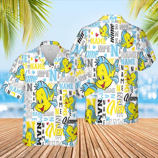 Custom Name Flounder Hawaiian Shirt, Flounder Face Disney Summer Shirt, The Little Mermaid Hawaiian Shirt For Family Gift Shirt