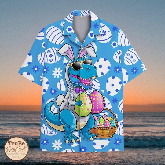 Discover Cute Dinosaur Easter Hawaii Shirt, T Rex Easter Basket Aloha Shirt, Dinosaurs Bunny And Easter Eggs Shirt, Happy Easter Day, Spring Holiday