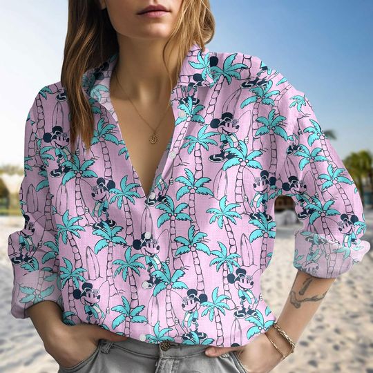 Disney Mickey Button Shirt, Minnie Mouse Aloha Casual Shirt, Summer Beach Linen Shirt Women, Mickey And Friends Women Blouses