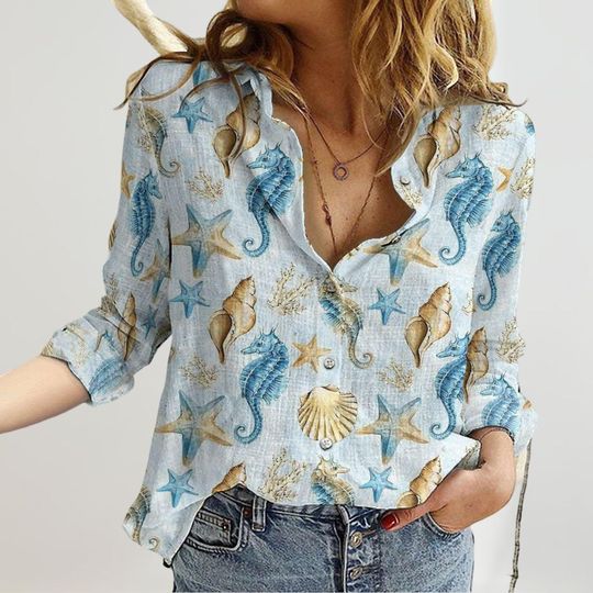 Coastal Seashell Linen Shirt, Seahorse Starfish Blouses Women, Ocean Lover Long Sleeve Shirt, Cute Beachy Linen Women, Cottagecore Tee