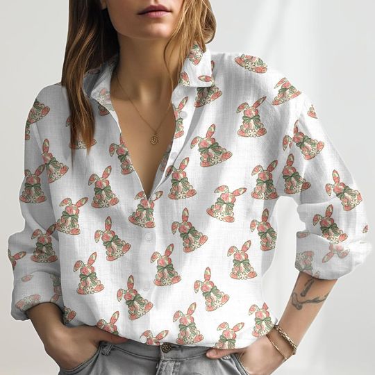 Floral Easter Linen Shirt, Rabbit Blouses Top Women, Coquette Bow Easter Casual Shirt, Easter Bunny Shirt, Cute Animals Shirt For Her