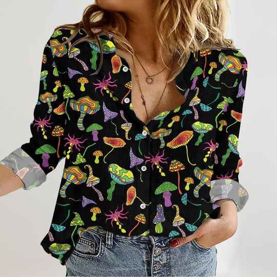 Colors Mushroom Linen Shirt, Goblincore Long Sleeve Shirt, Mushroom Collector Blouse Shirt, Nature Love Shirt For Mom, Gift For Her