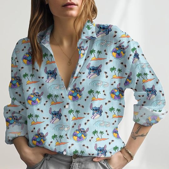 Discover Stitch Aloha Linen Shirt, Disney Trip Women Shirt, Lilo And Stitch Long Sleeve Shirt, Vacation Blouses Tops Women, Summer Tee For Her