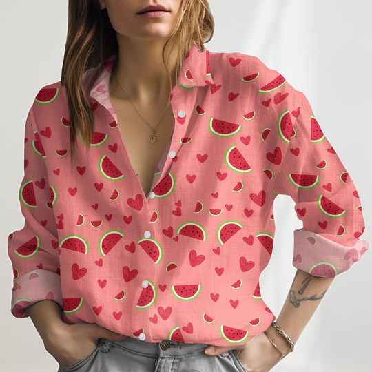 Watermelon Linen Shirt Women, Summer Fruit Casual Shirt, Hearts Love Long Sleeve Shirt, Spring Shirts, Melon Women Blouses