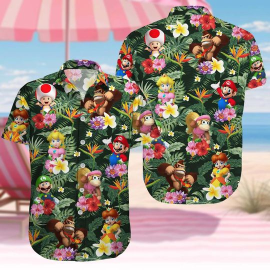 Super Mario Tropical Button Shirt, Mario Birthday Party T-Shirt, Mario And Friends Gaming Summer Short, Mario Bros Matching Family Shir