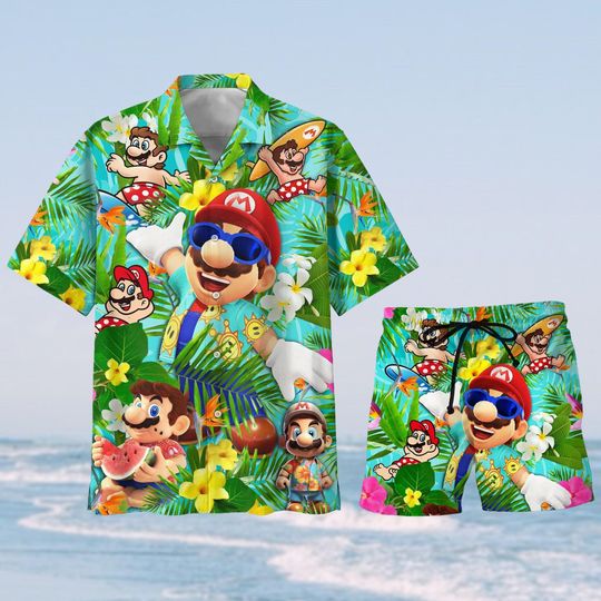 Super Mario Button Shirt And Short, Cute Superhero Hawaiian Shirt, Retro Video Game Shirt, Family Vacation Shirt, Gift For Gamer