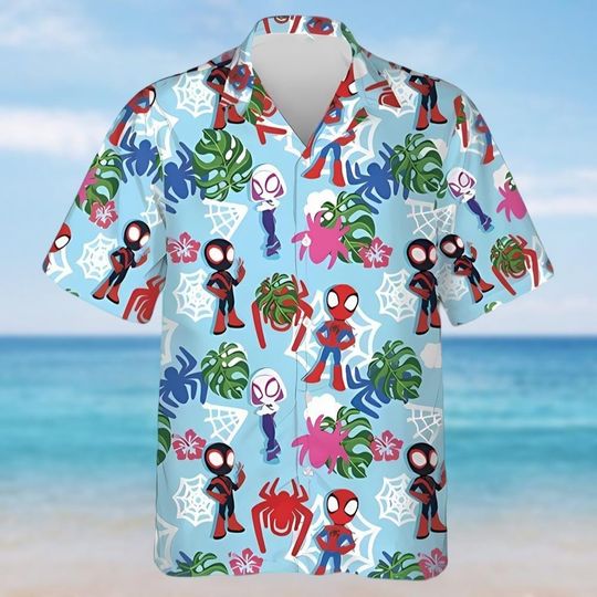 Spiderman And Friends Shirt, Marvel Hawaiian Shirt, Gwen Stacy Shirt, Superhero Button Shirt, Mcu Fans Shirt, Disney Birthday Gift