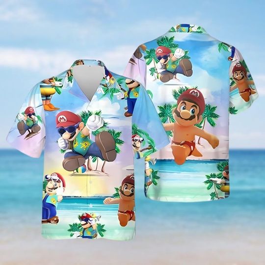 Cute Mario Hawaiian Shirt, Super Mario Button Up Shirt, Super Mario Birthday Boy Shirt, Vintage Video Game Shirt, Gift For Gamer