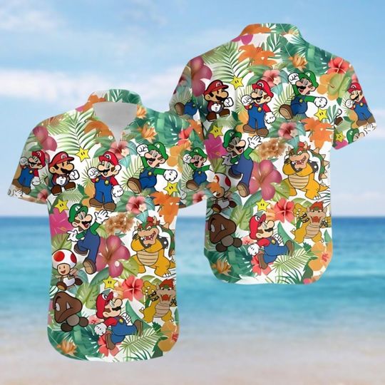 Super Mario Button Shirt, Mario, Luigi And Bowser Shirt, Vintage Video Game Shirt, Cute Mario Hawaiian Shirt, Family Vacation Merch