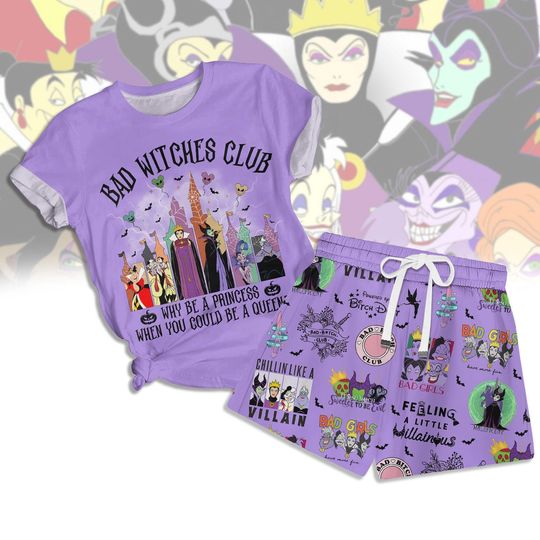 Bad Witch Club Pajamas Set, Maleficent T-Shirt Short Set, Evil Queen Summer Short, Disney Villains Beach Pants, Ursula Cruella Unsiex T