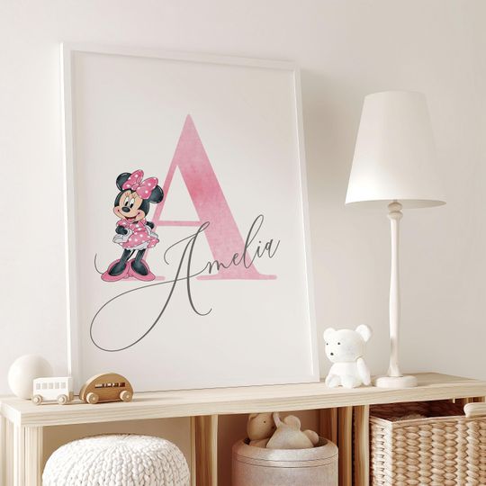 Personalized Minnie Mouse Nursery Wall Art Print, Custom Name, Watercolor Minnie Mouse, Baby girl Nursery Decor,Name Sign