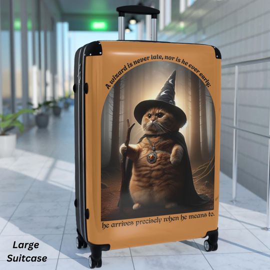 Fantasy Graphic Luggage, Memorable Movie Phrase, Wizard Cat Lover Traveler Gift, Novelty Airport Accessory, Holiday Gift Vacation Necessity