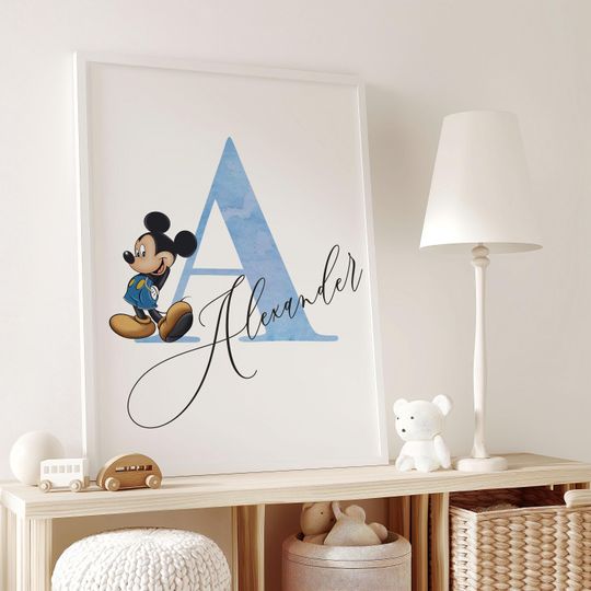Personalized Mickey Mouse Nursery Wall Art Print, Custom Name, Watercolor Mickey Mouse, Baby Boy Nursery Decor, Name Sign