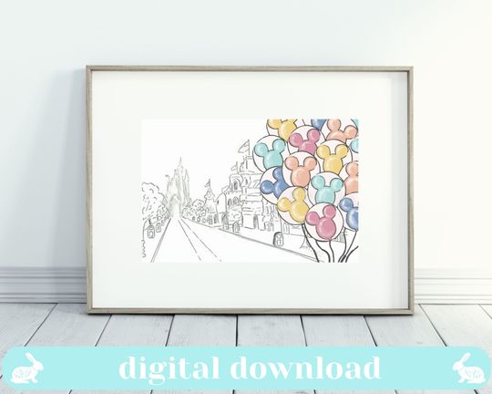 Discover Balloons on Main Street Wall Art - Black and White sketch - Printable Art - Mickey Ears - Castle - Minimalist Home Decor - Quirky Poster
